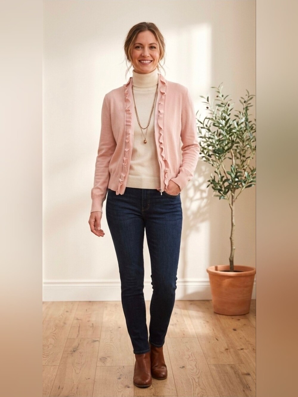 Apt. 9 Pale Pink Ruffle Trim Full-Zip Cardigan Sweater - Size XL
